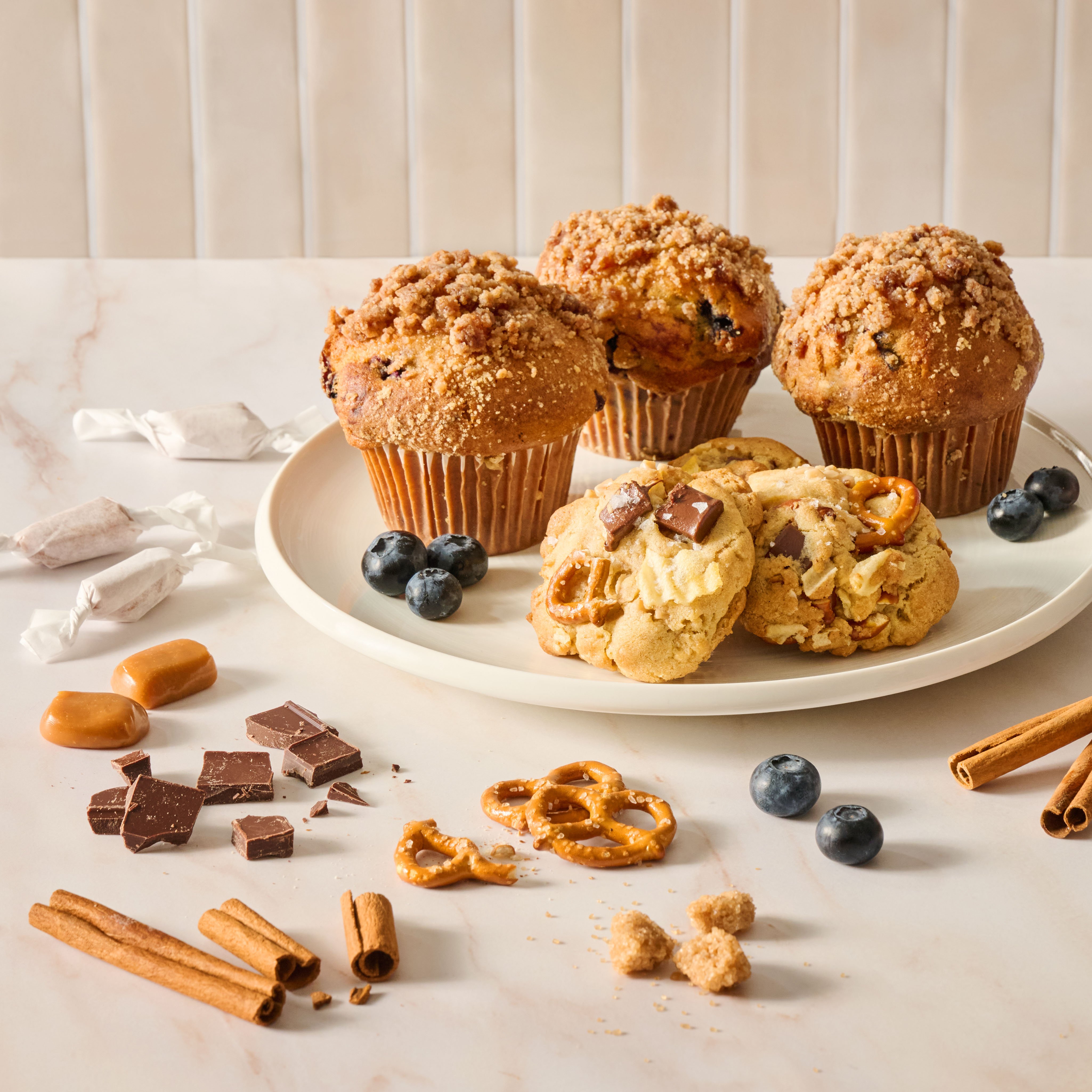 Bakery items such as muffins and cookies, also desserts such as candies, chocolate, and flavoring like cinnamon.